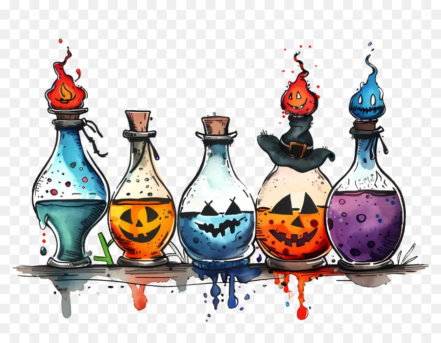 Frontera De Halloween，Botellas De Pociones De Colores PNG