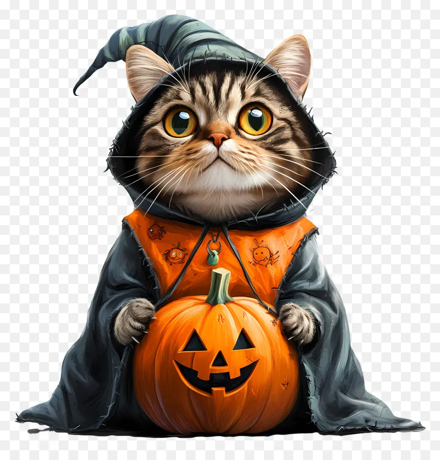 Gato Halloween，Gato Con Capa Negra Y Naranja PNG