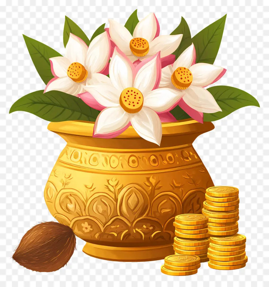 Akshaya Tritiya，Maceta Dorada Con Flores PNG