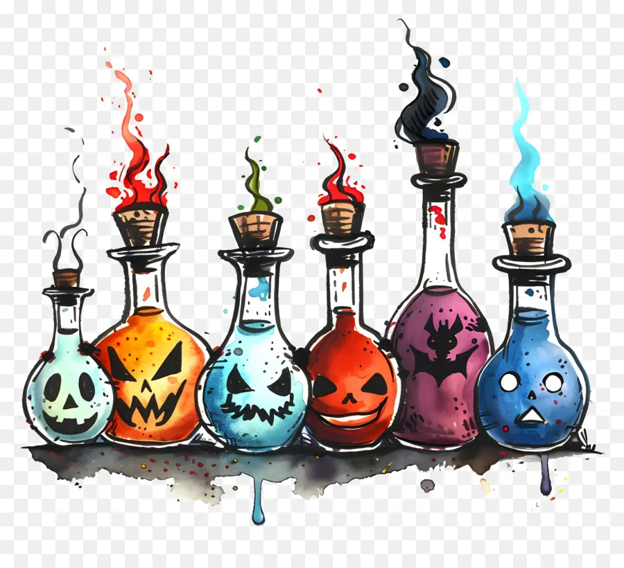 Frontera De Halloween，Botellas De Pociones De Colores PNG