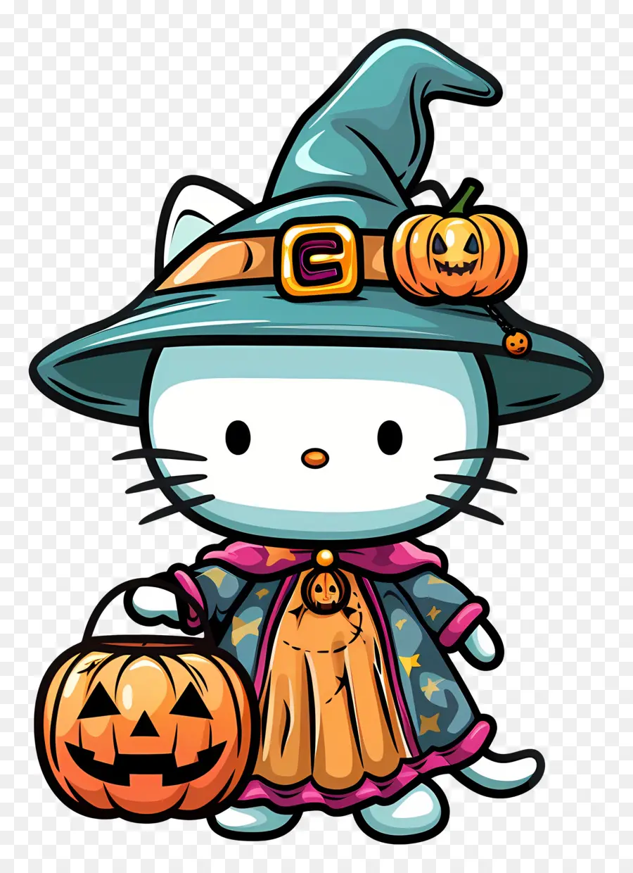 Hola Gatito Halloween，Bruja Gato PNG