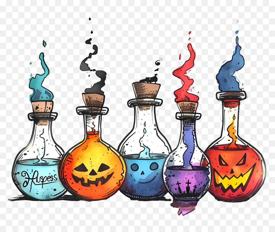 Frontera De Halloween，Botellas De Pociones De Colores PNG