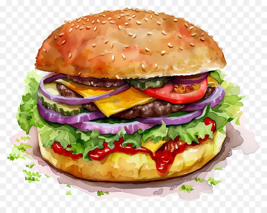 Hamburguesa De Acuarela，Hamburguesa Con Queso PNG