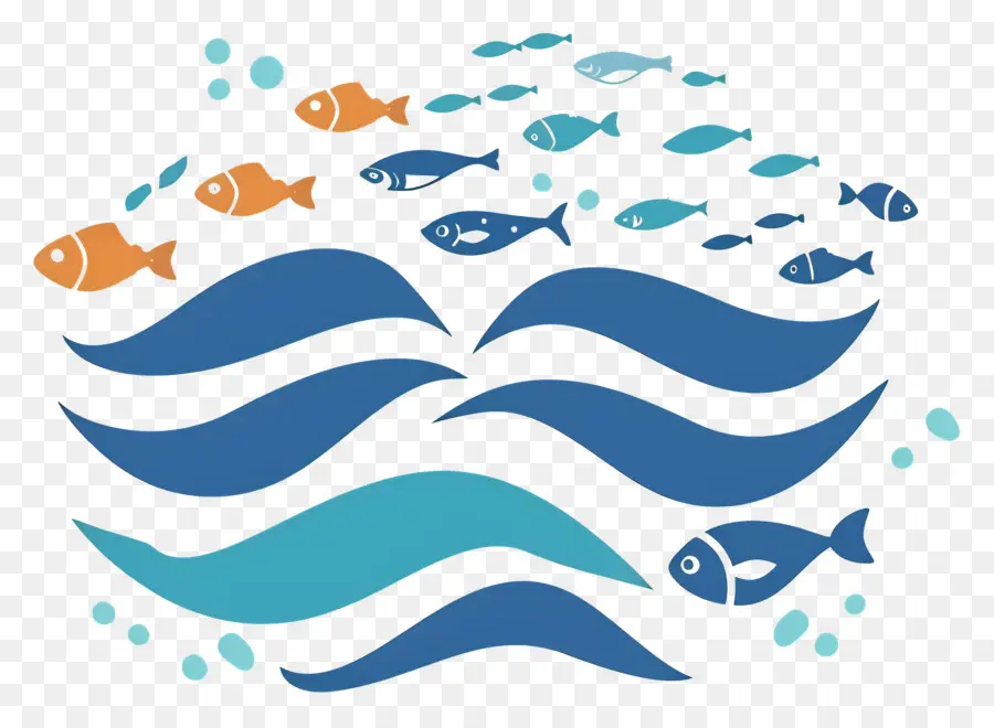 Grupo De Peces，Peces Y Olas PNG