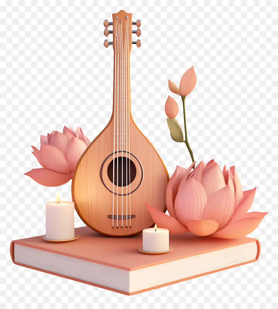 Saraswati Puja，Mandolina Con Flores PNG