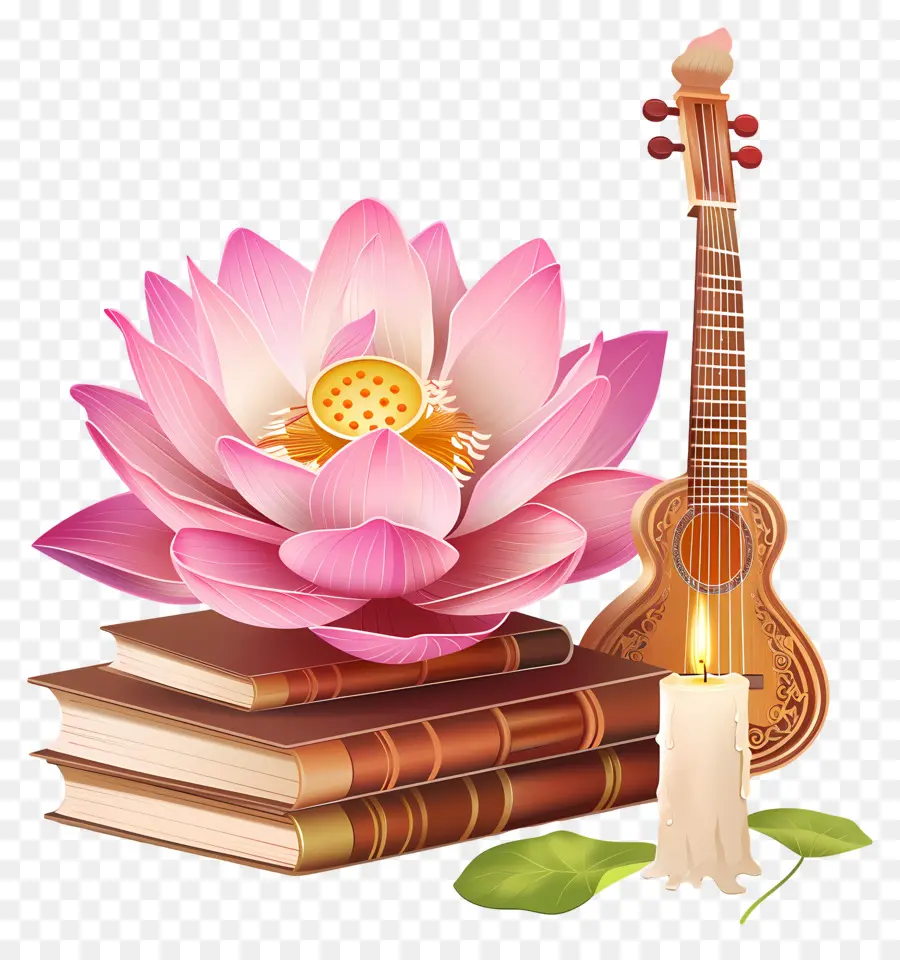 Saraswati Puja，Guitarra Y Loto PNG