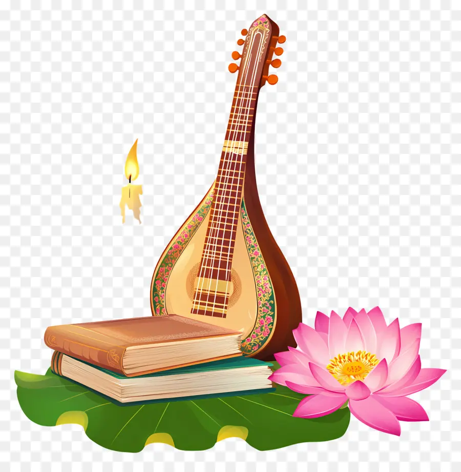 Saraswati Puja，Mandolina Y Libros PNG