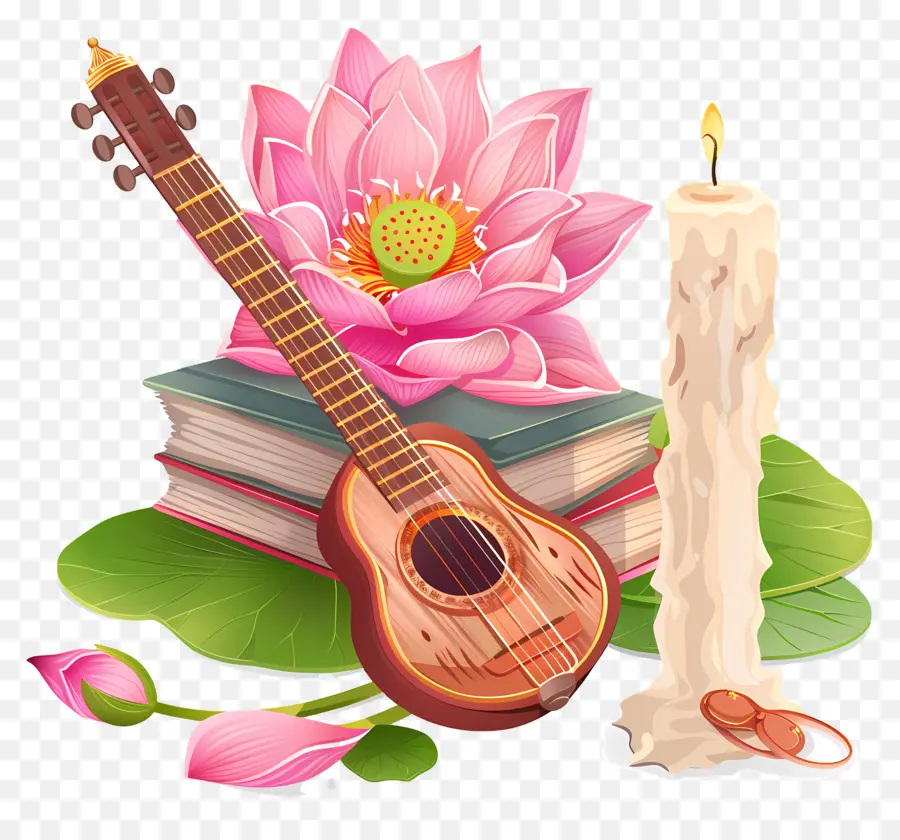 Saraswati Puja，Guitarra Y Loto PNG