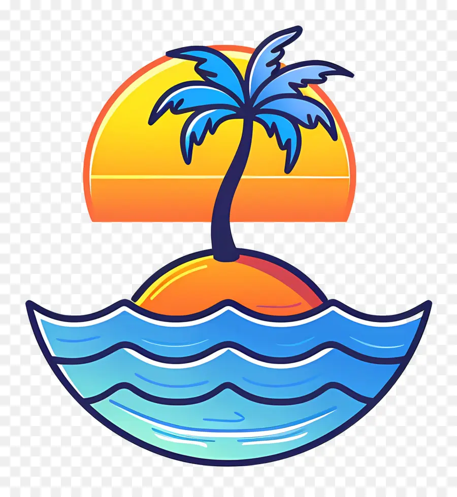 Logotipo De Playa，Palmera Y Puesta De Sol PNG