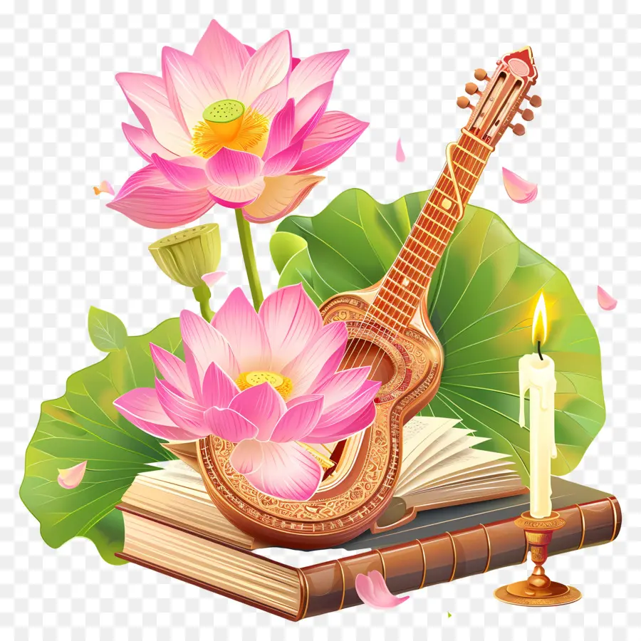 Saraswati Puja，Guitarra Y Loto PNG