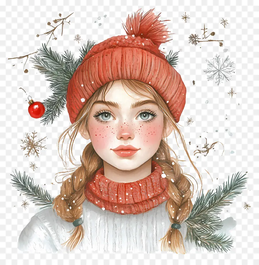 Navidad Femenina，Chica Con Trenzas Y Gorro De Invierno PNG