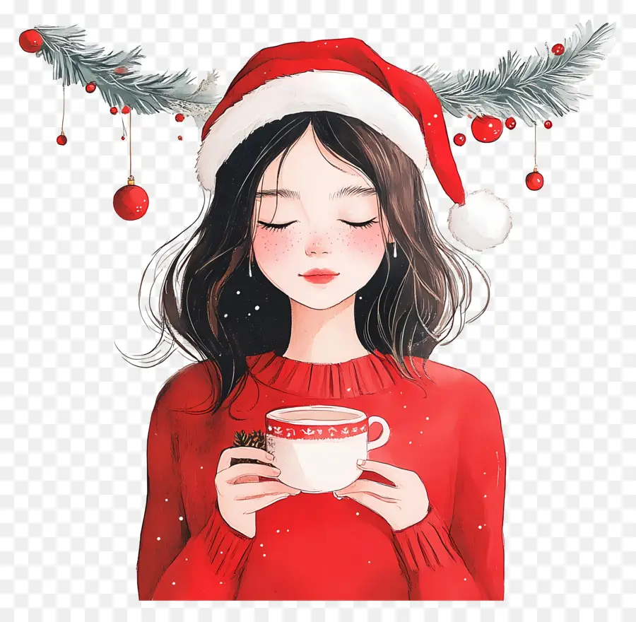 Navidad Femenina，Chica Con Gorro De Papá Noel PNG