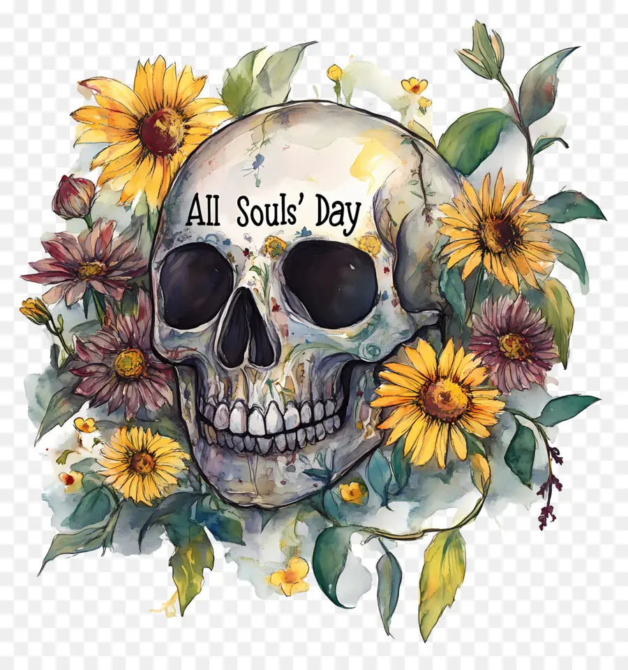 Día De Los Difuntos，Calavera Con Girasoles PNG