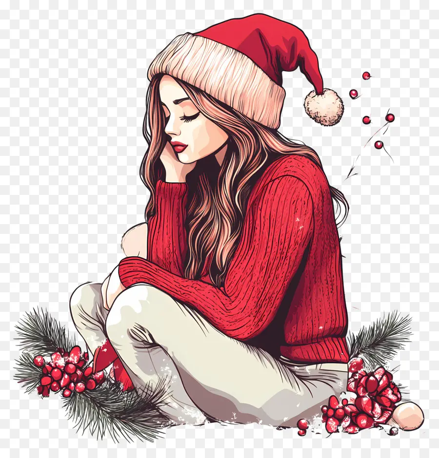 Navidad Femenina，Chica Con Sombrero De Santa Sentado PNG