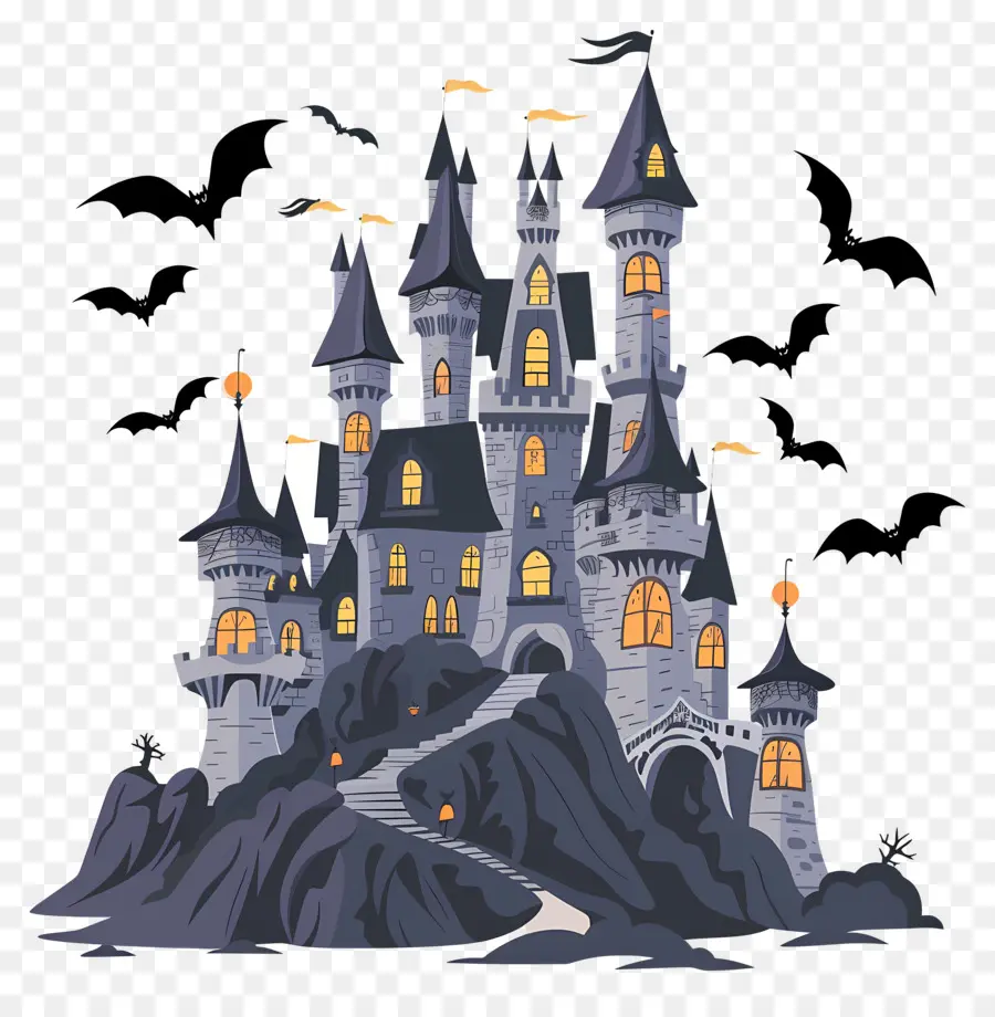 Castillo De Disney De Halloween，Castillo Encantado Con Murciélagos PNG