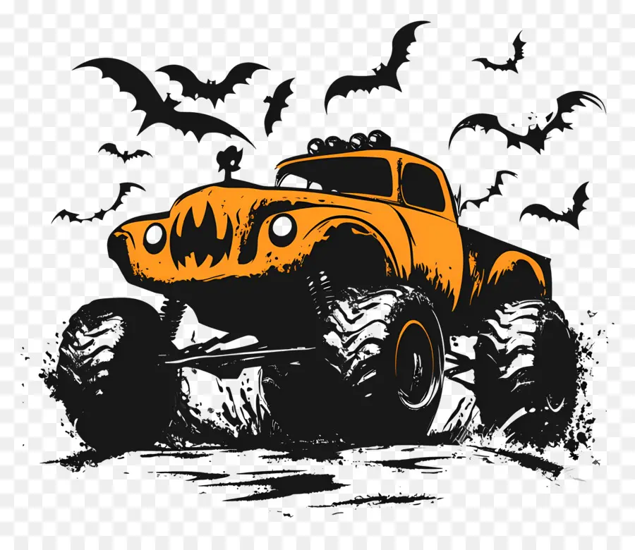 Camión Monstruo De Halloween，Monster Truck Con Murciélagos PNG