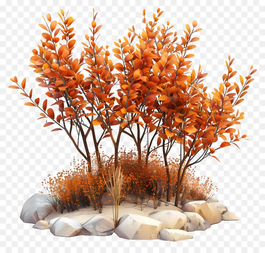 Arbustos De Otoño，Arbustos De Otoño Con Rocas PNG