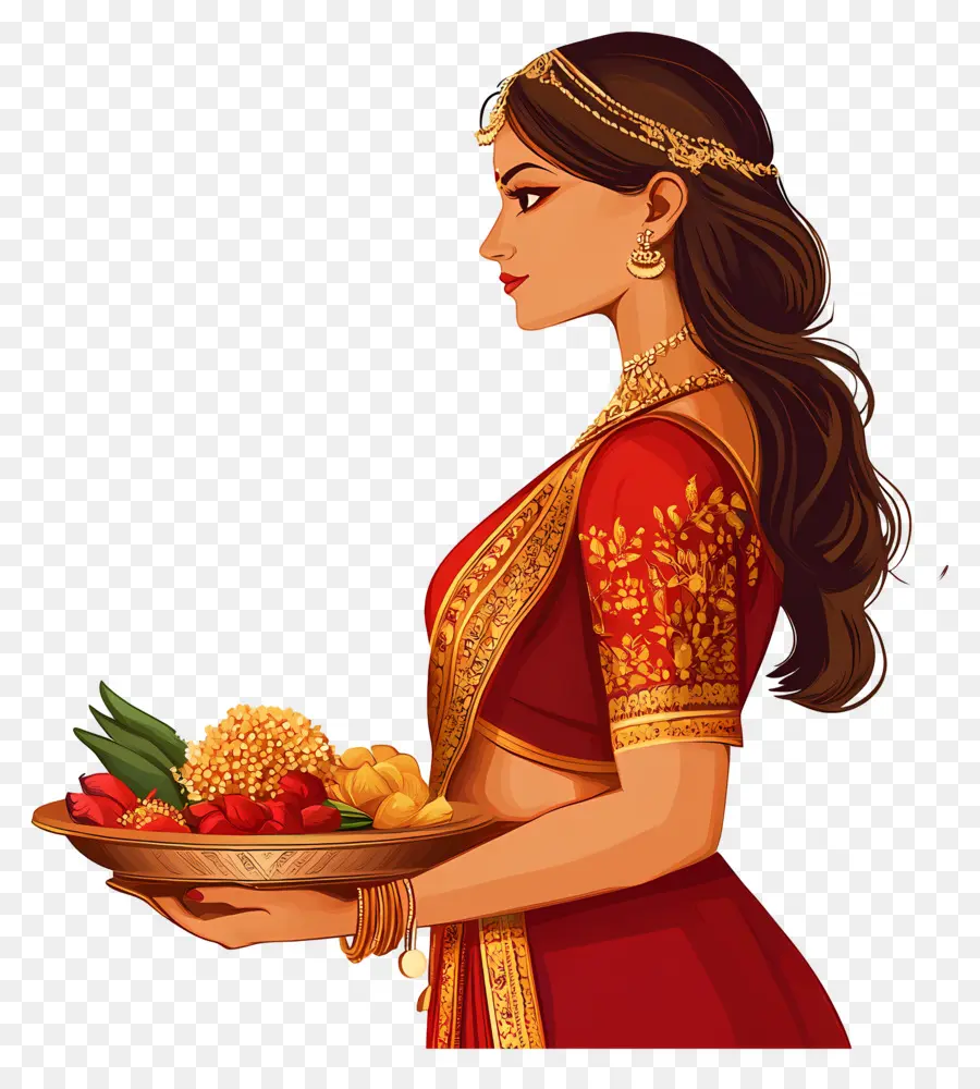 Karva Chauth，Mujer Tradicional Con Plato PNG