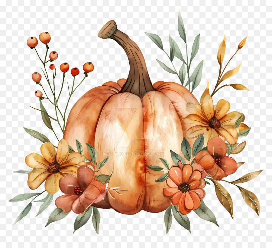 Calabaza Acuarela，Calabaza Con Flores PNG