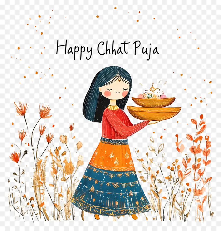 Feliz Chhat Puja，Chica Con Ofrendas PNG