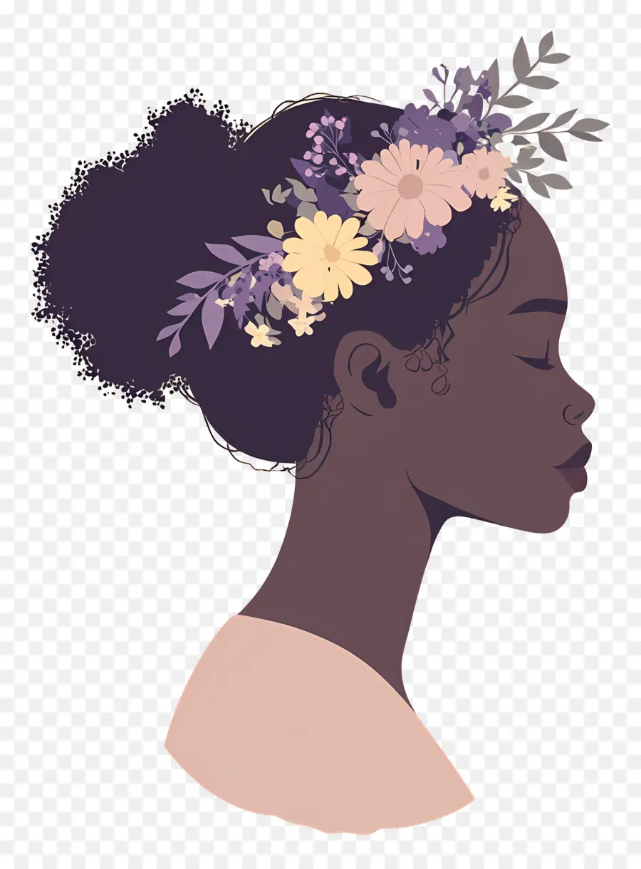 Logotipo De Niña，Perfil Con Flores Moradas PNG