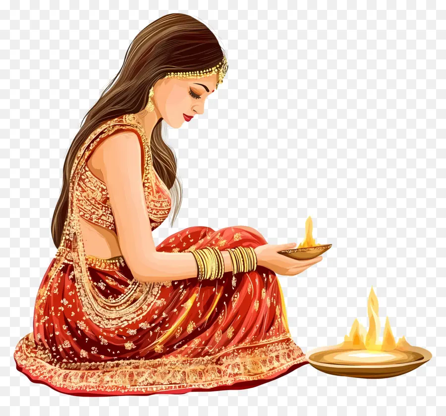 Karva Chauth，Mujer Con Diya PNG