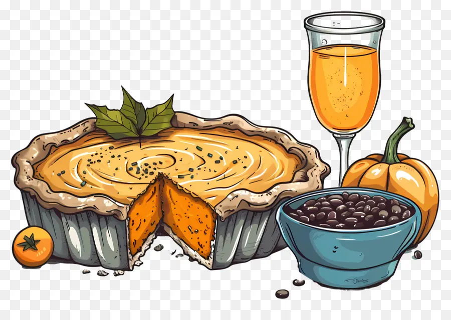 Pastel De Acción De Gracias，Pastel De Calabaza Y Bebida PNG