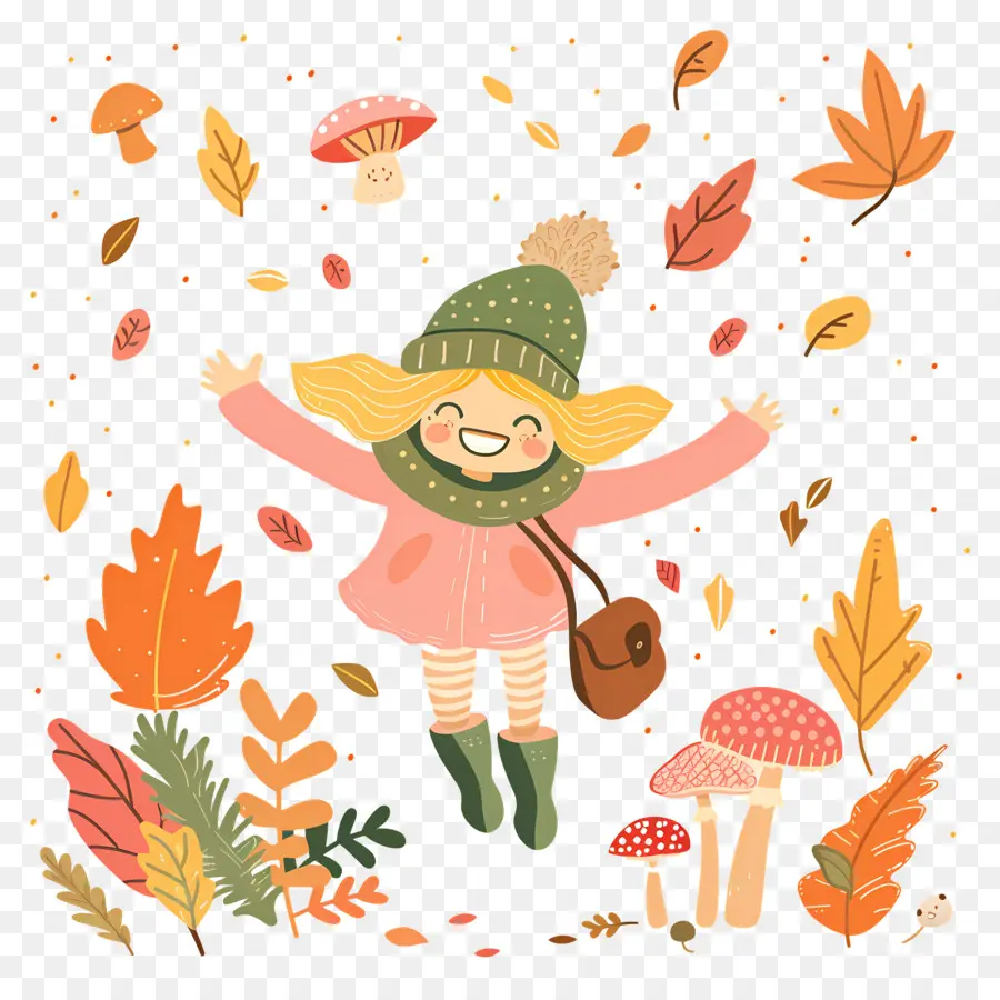 Fondo De Otoño，Niña Saltando Con Hojas PNG