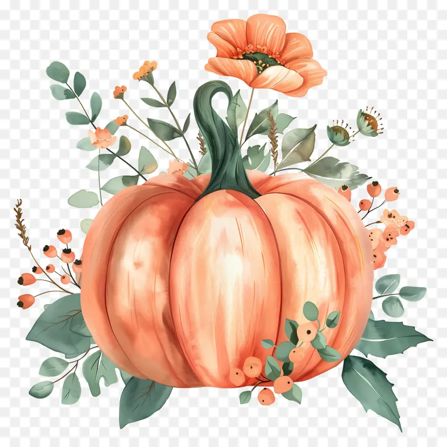 Calabaza Acuarela，Calabaza Con Flores PNG