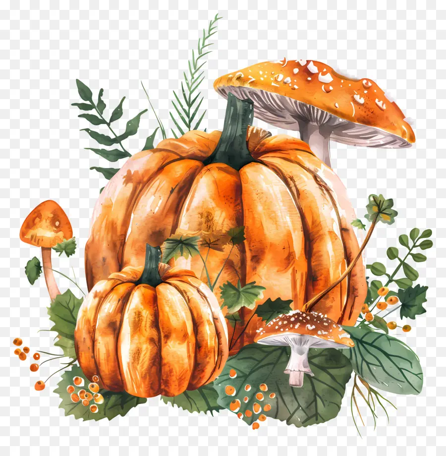 Calabaza Acuarela，Calabaza Y Champiñones PNG