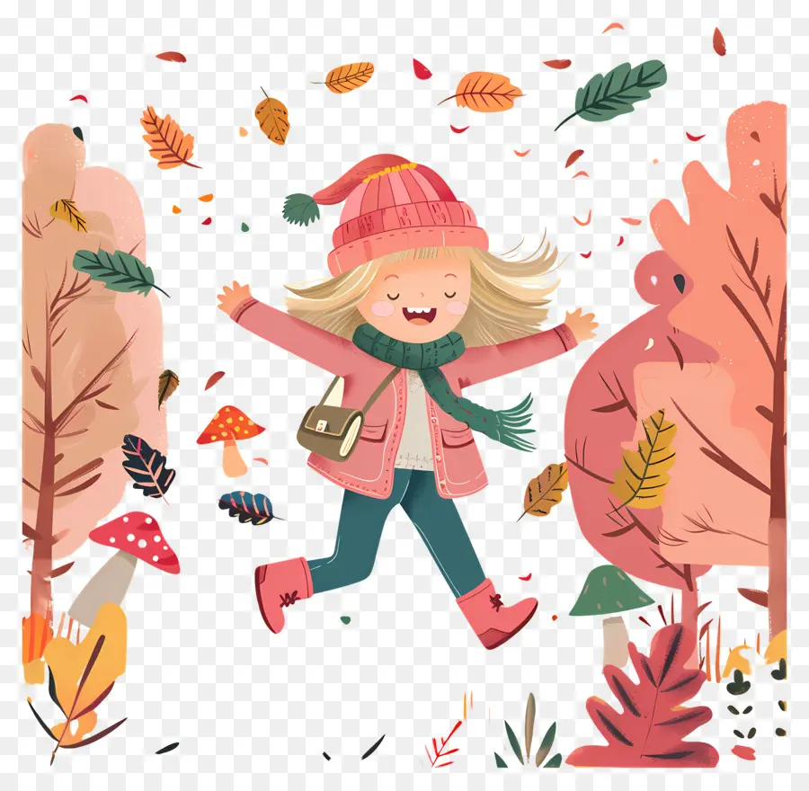 Fondo De Otoño，Niña Saltando Con Hojas PNG