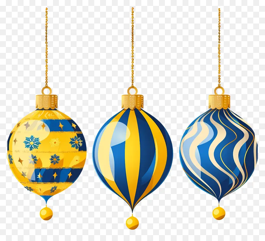 Bolas De Navidad Colgantes，Adornos Azules Y Amarillos PNG