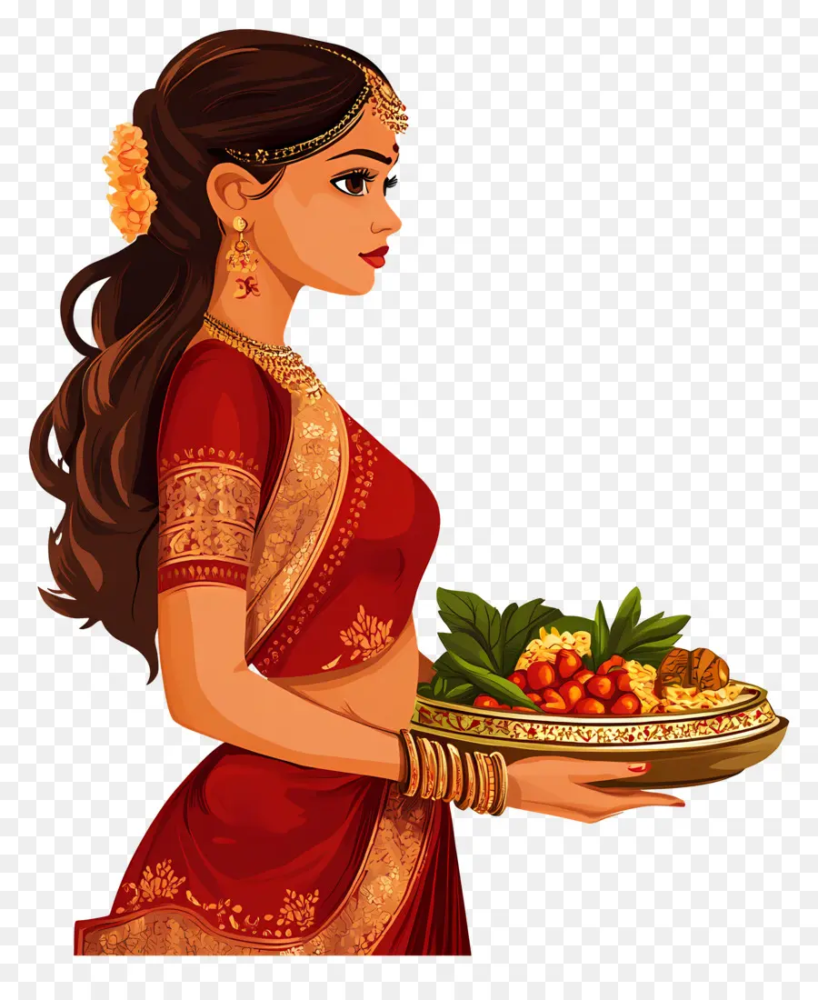 Karva Chauth，Mujer Tradicional Con Plato PNG