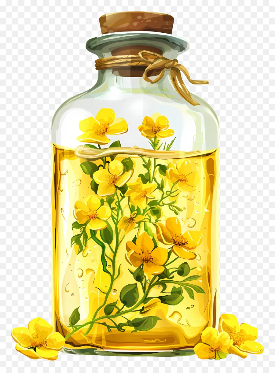 Aceite De Canola，Flores Amarillas En Una Botella PNG