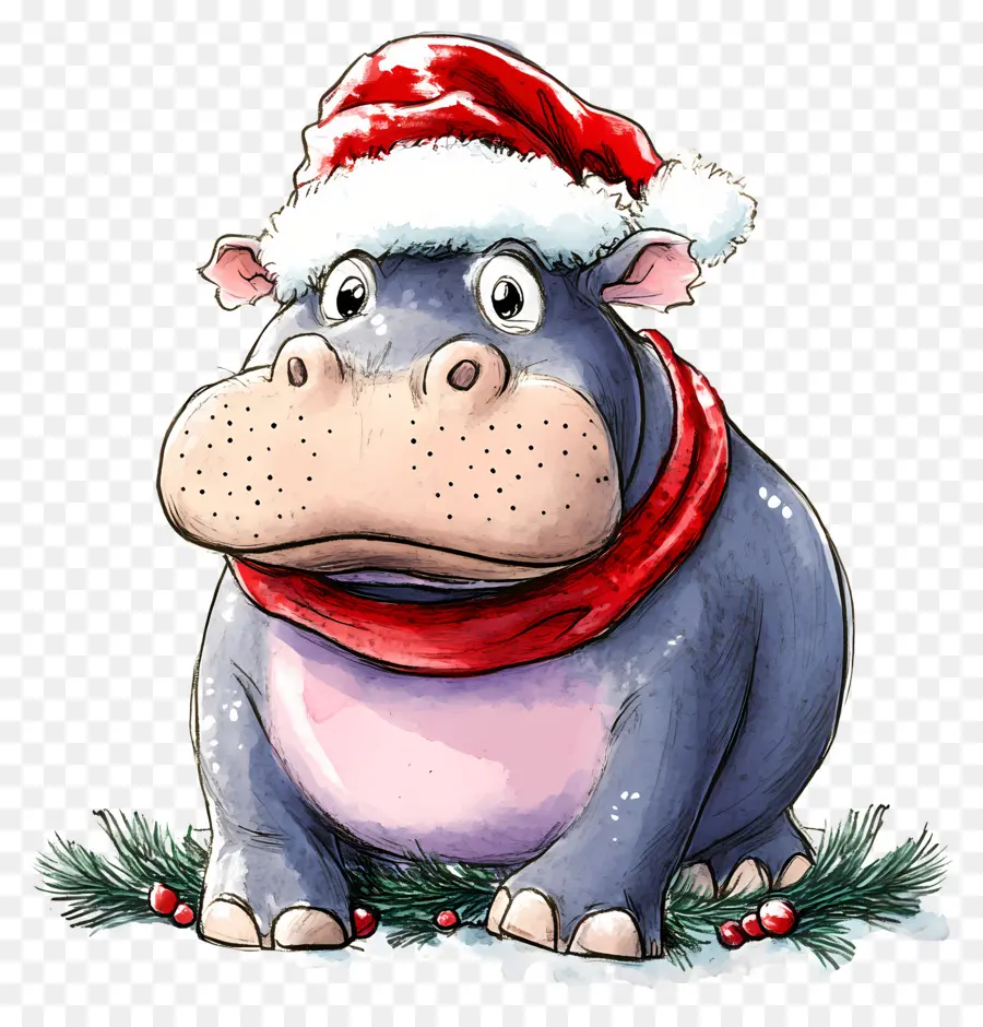 Hipopótamo Navideño，Hipopótamo Con Gorro De Papá Noel PNG