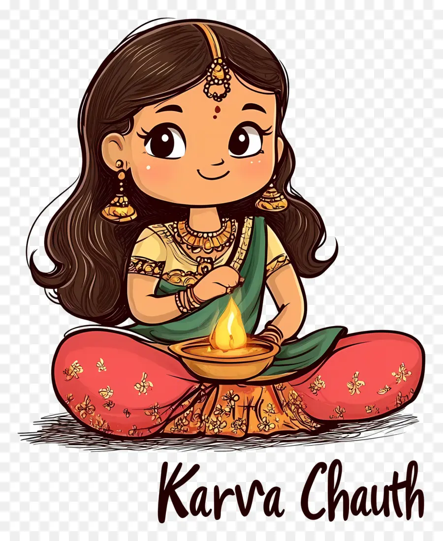 Karva Chauth，Chica De Dibujos Animados Con Lámpara PNG