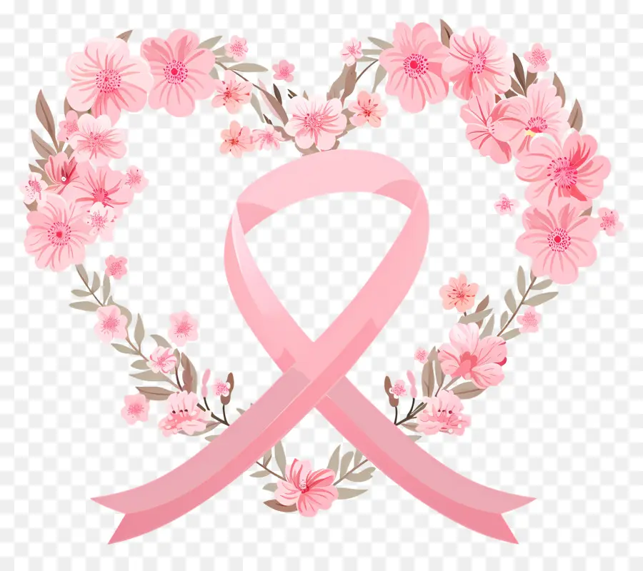 Concientización Sobre El Cáncer De Mama，Cinta Rosa Con Flores PNG