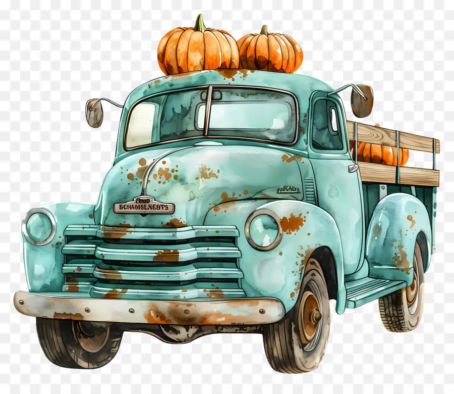 Camión De Calabaza，Camioneta Azul Con Calabazas PNG