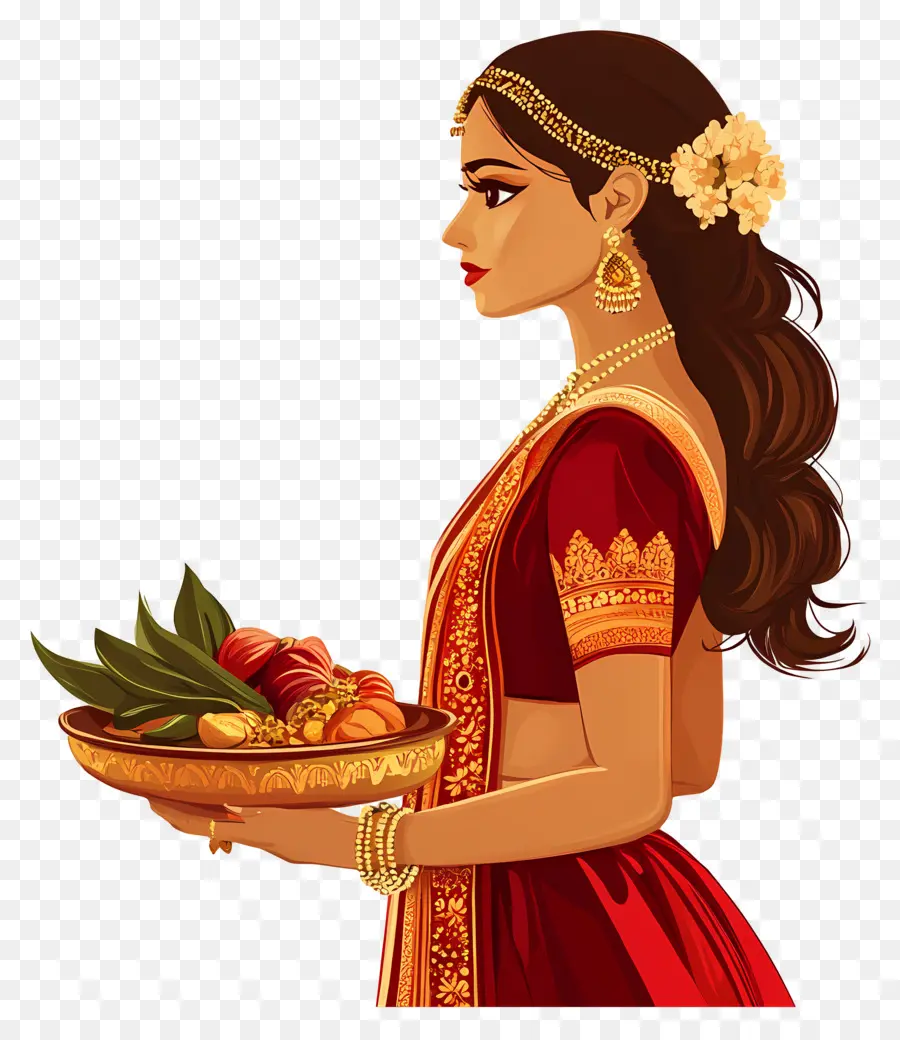 Karva Chauth，Mujer Tradicional Con Plato PNG