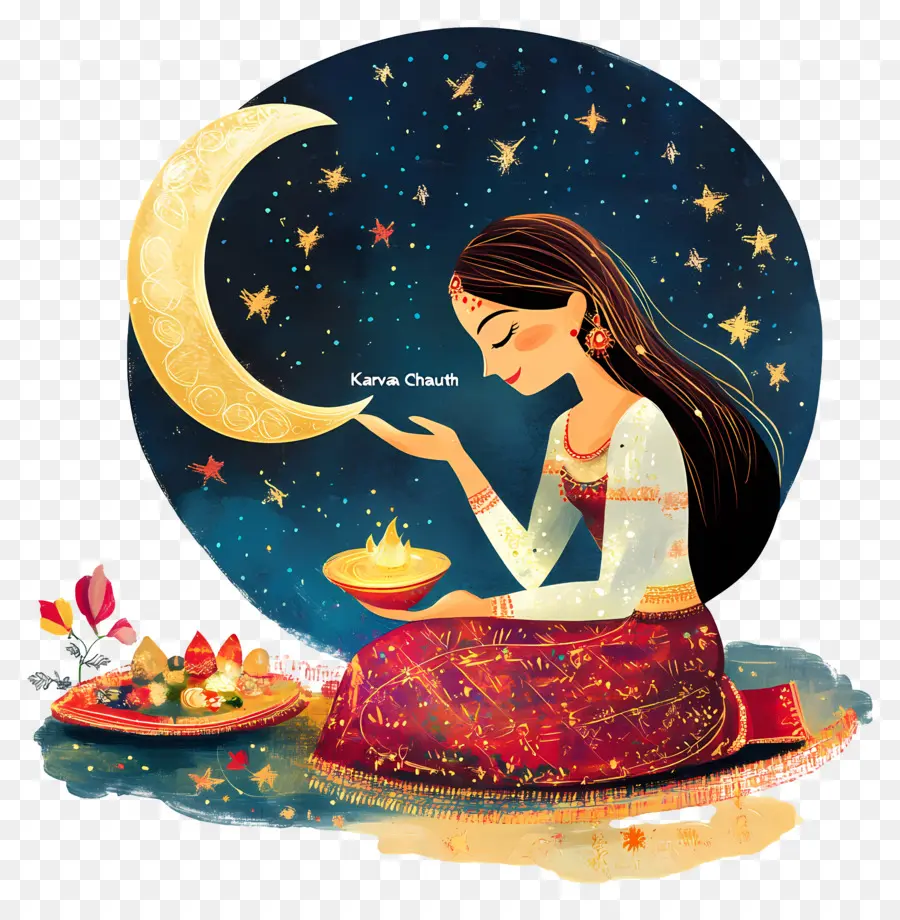 Karva Chauth，Mujer Y Luna PNG