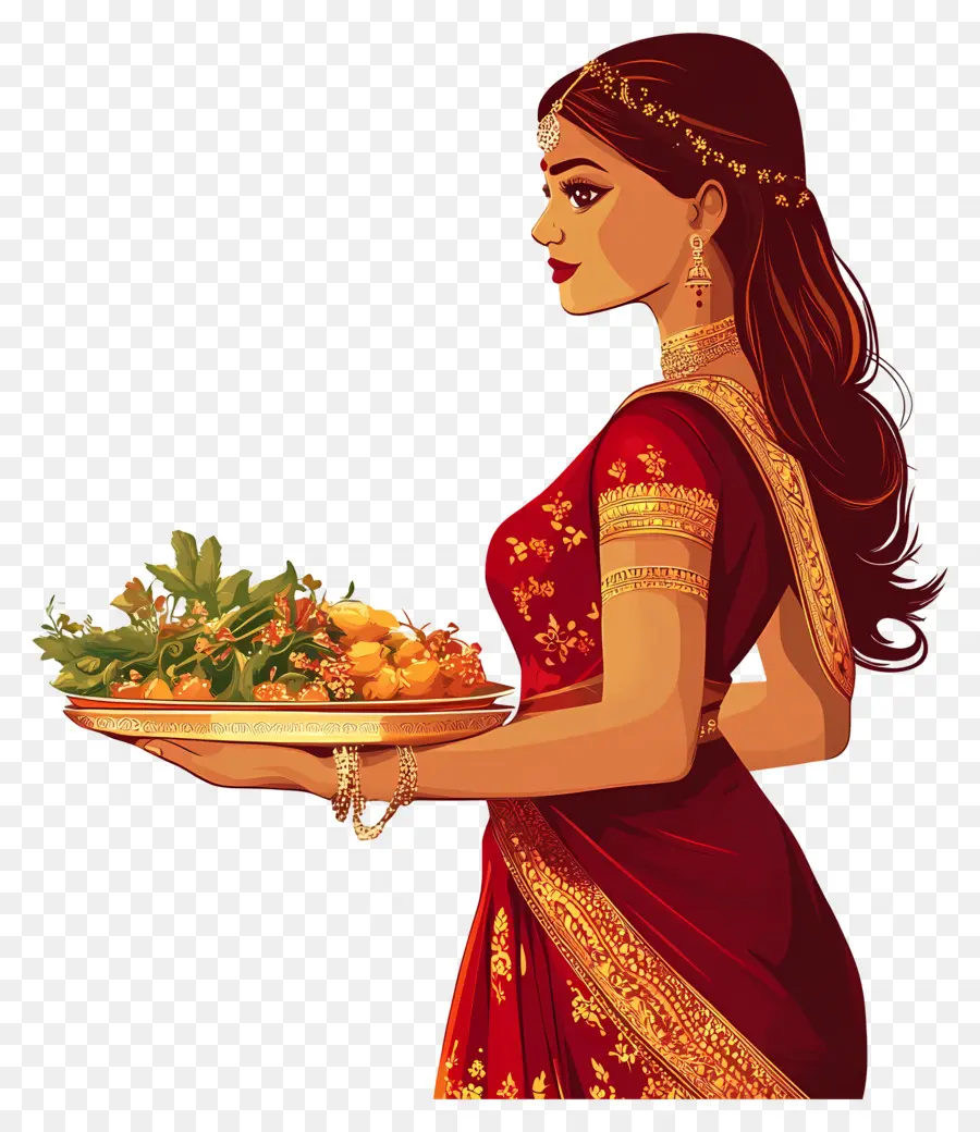 Karva Chauth，Mujer Tradicional Con Plato PNG