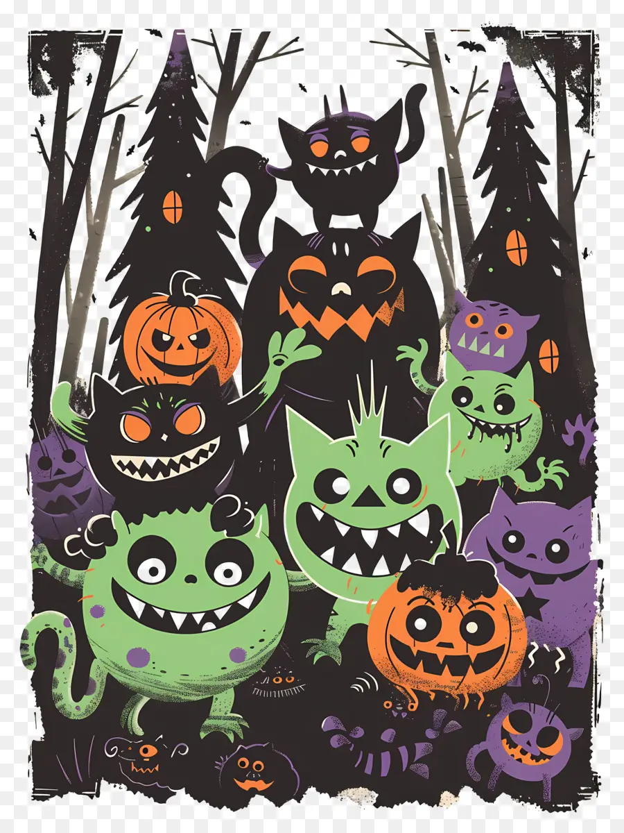 Monstruos De Dibujos Animados，Gatos De Halloween PNG