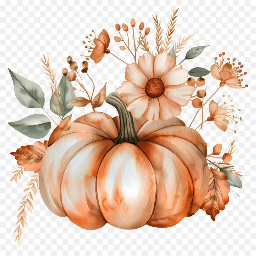 Calabaza Acuarela，Calabaza Con Flores PNG