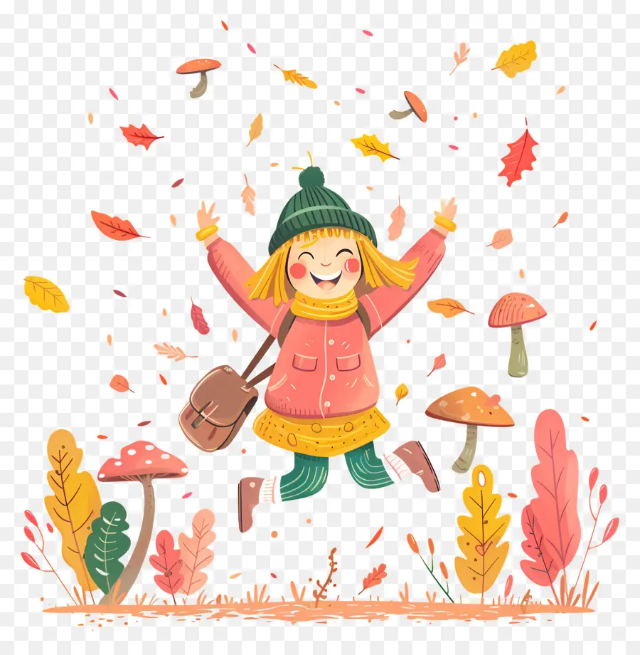 Fondo De Otoño，Niña Saltando Con Hojas PNG