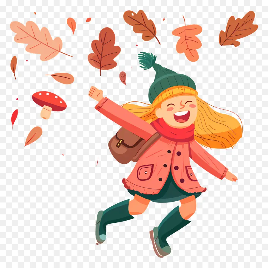 Fondo De Otoño，Chica Con Bolso Y Hojas PNG