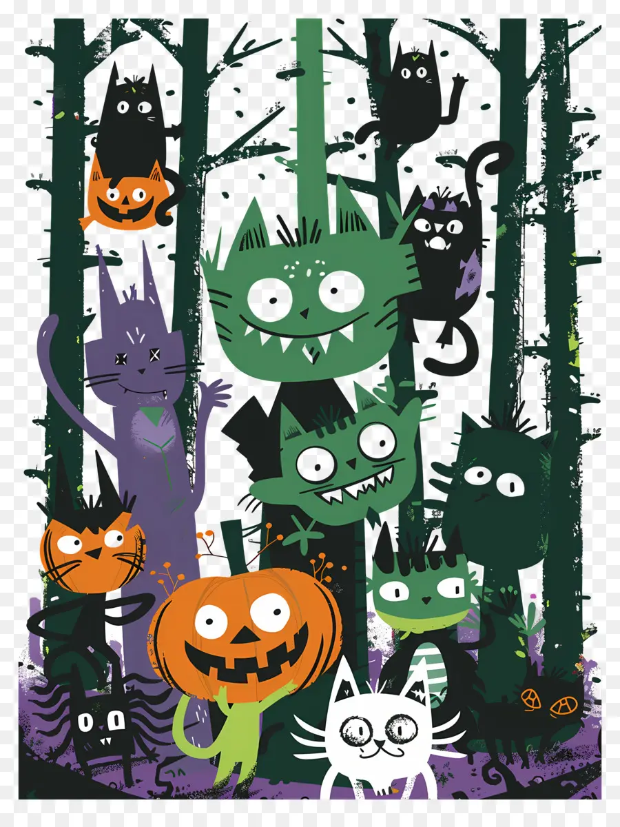 Monstruos De Dibujos Animados，Gatos De Halloween PNG