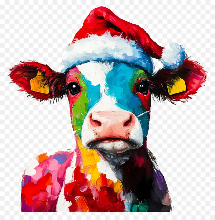 Vaca Navideña，Vaca Colorida Con Gorro De Papá Noel PNG