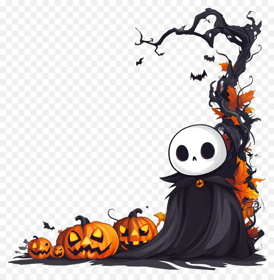 Plantilla De Pancarta De Halloween，Calabaza Y Figura Encapuchada PNG