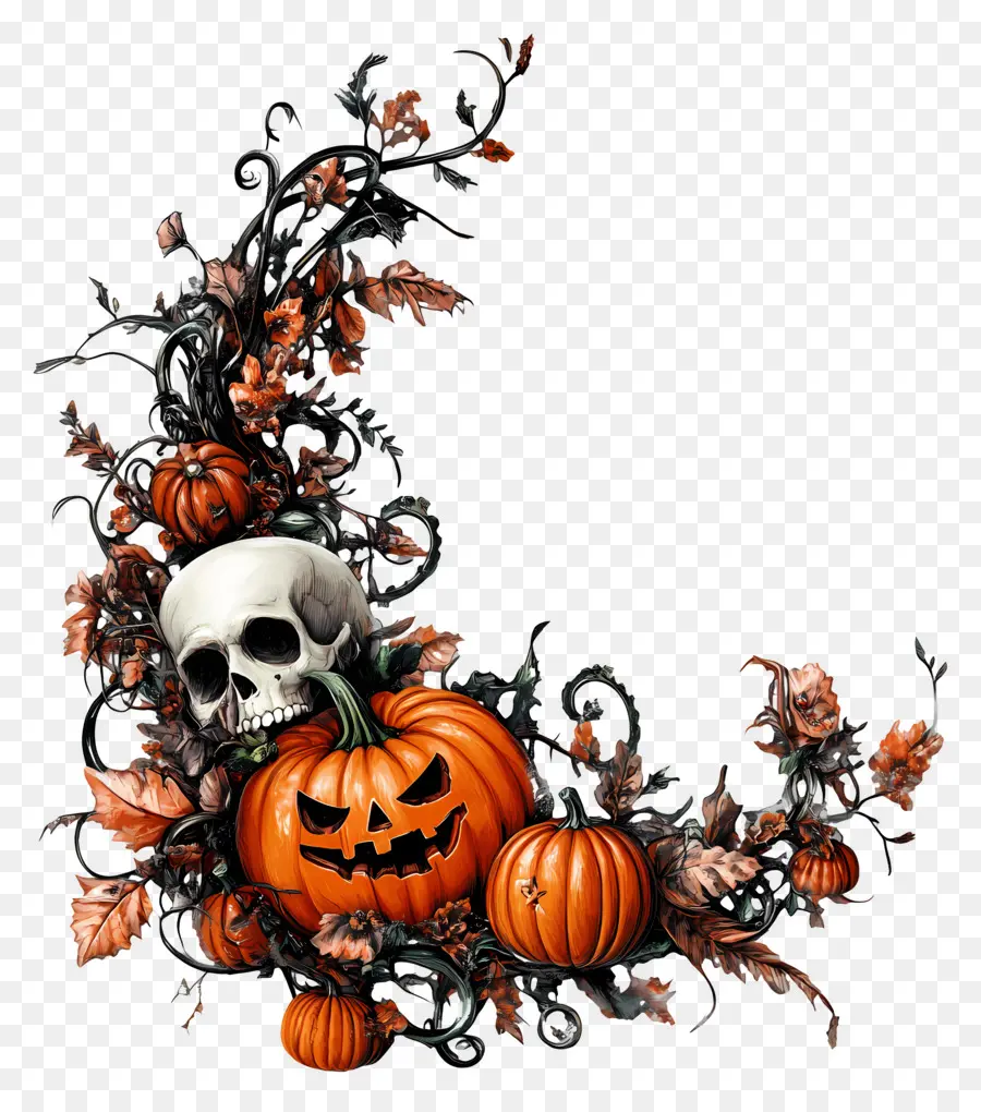 Plantilla De Pancarta De Halloween，Calabazas Y Calavera De Halloween PNG