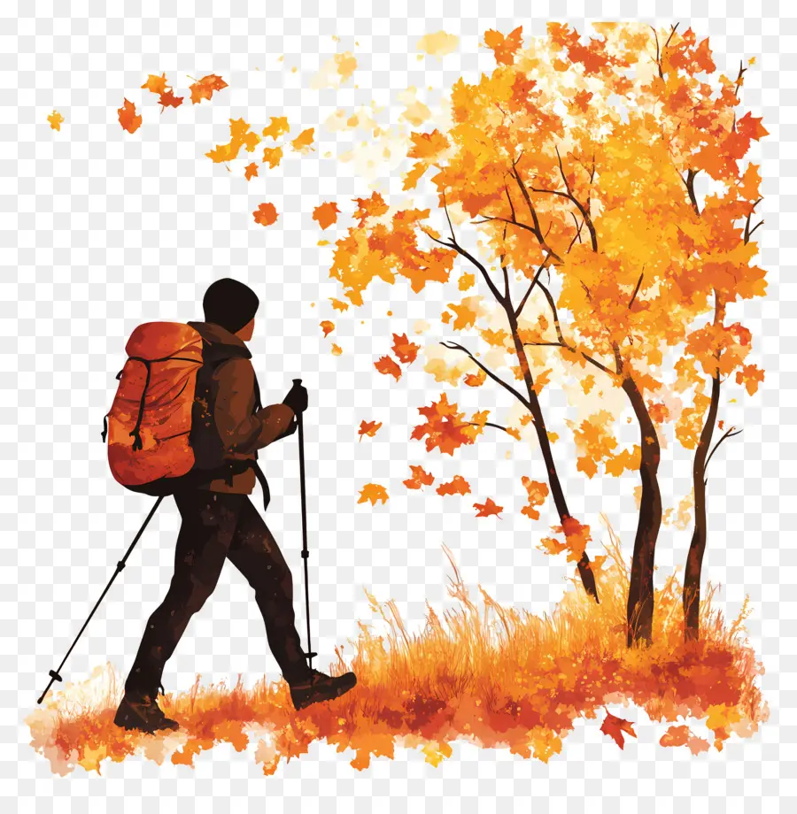 Senderismo En Otoño，Caminante Con Mochila Naranja PNG